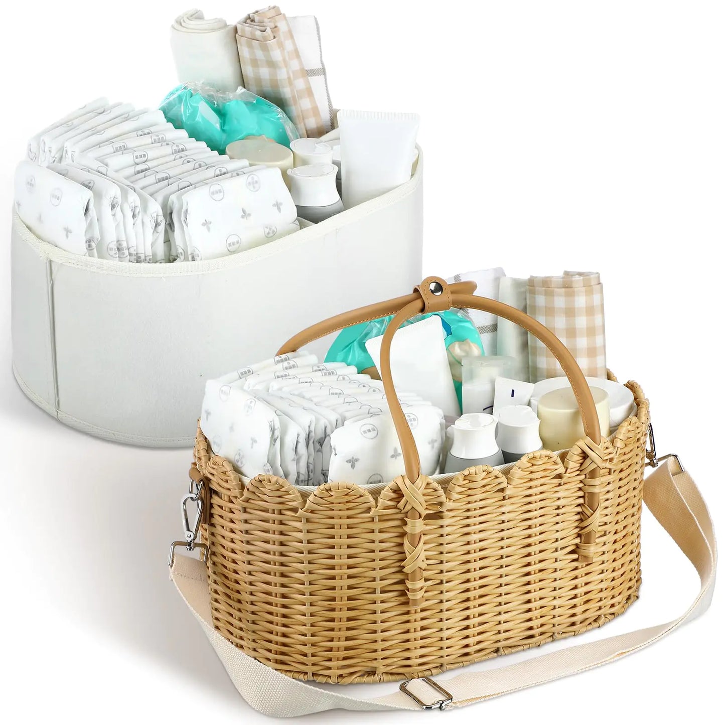 Crafted Scalloped Rattan Basket with Shoulder Strap